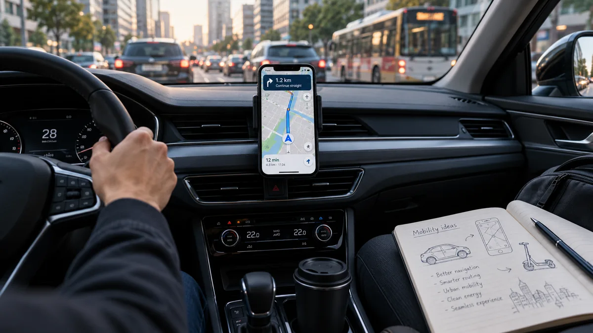 Aplicativo de navegação em um celular no painel de um carro, com trânsito urbano ao fundo.