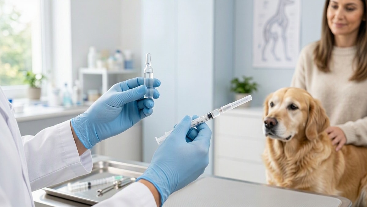 Aplicação da vacina antirrábica Profissional veterinário preparando dose de imunização em ambiente clínico limpo e seguro.