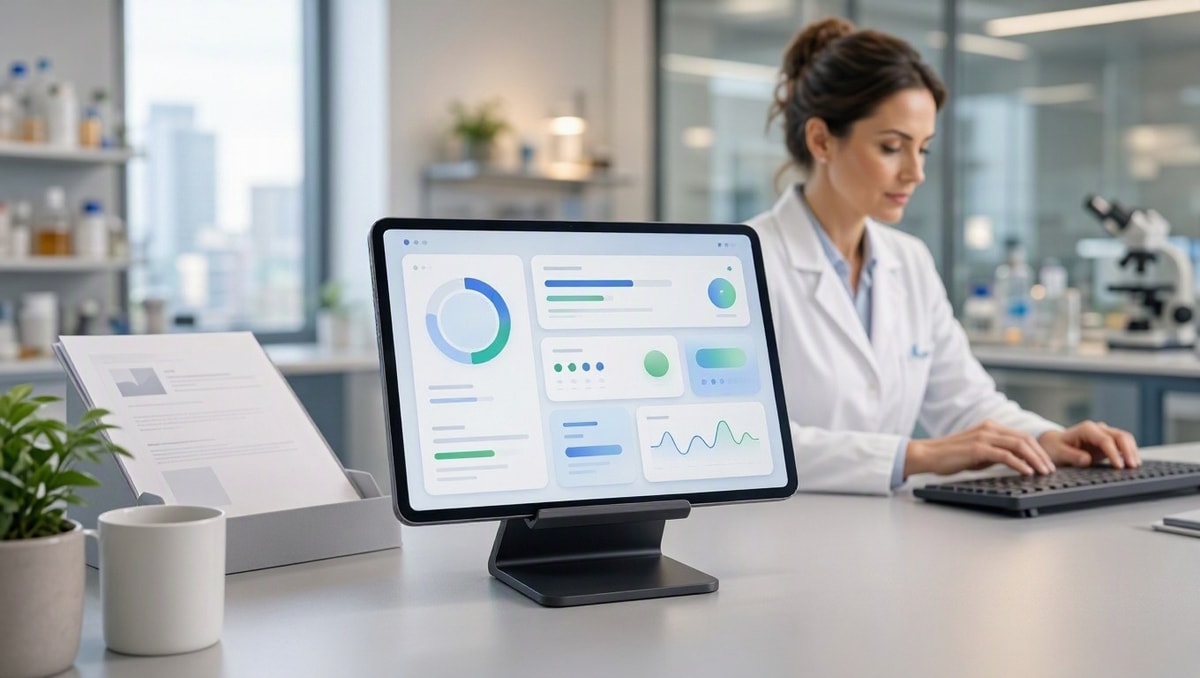 Bancada farmacêutica com tablet exibindo interface neutra de validação eletrônica ao lado de receituário físico.
