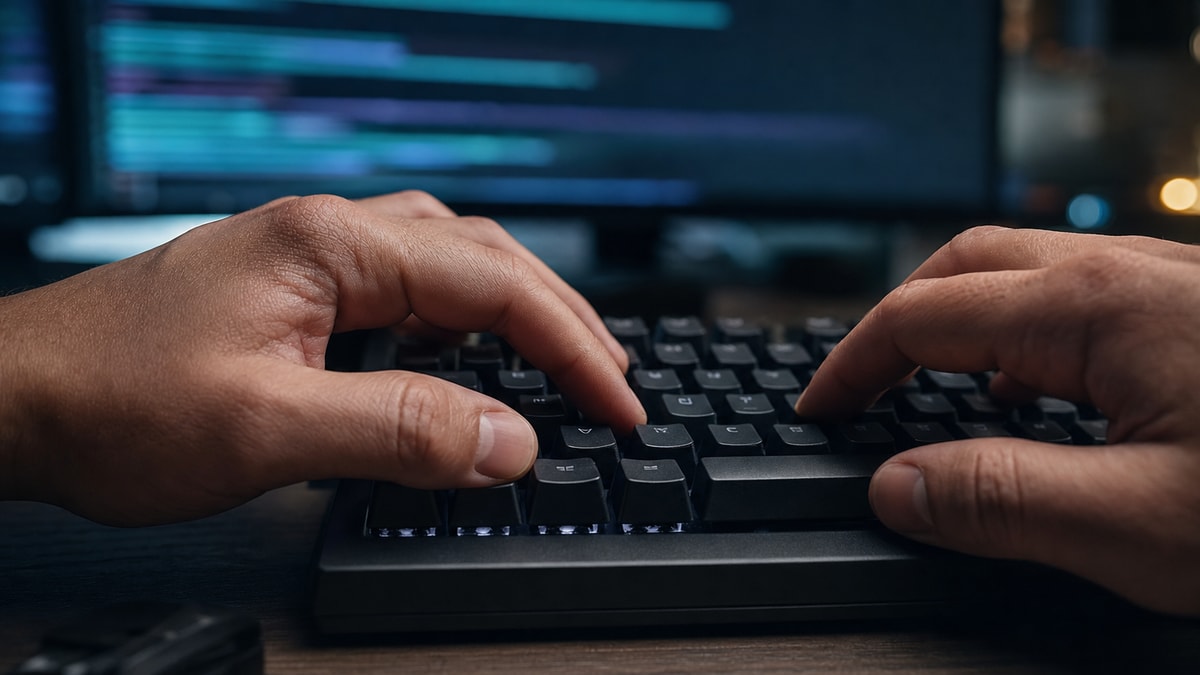 Mãos de desenvolvedor em teclado mecânico durante verificação de processos de sistema com tela desfocada ao fundo.