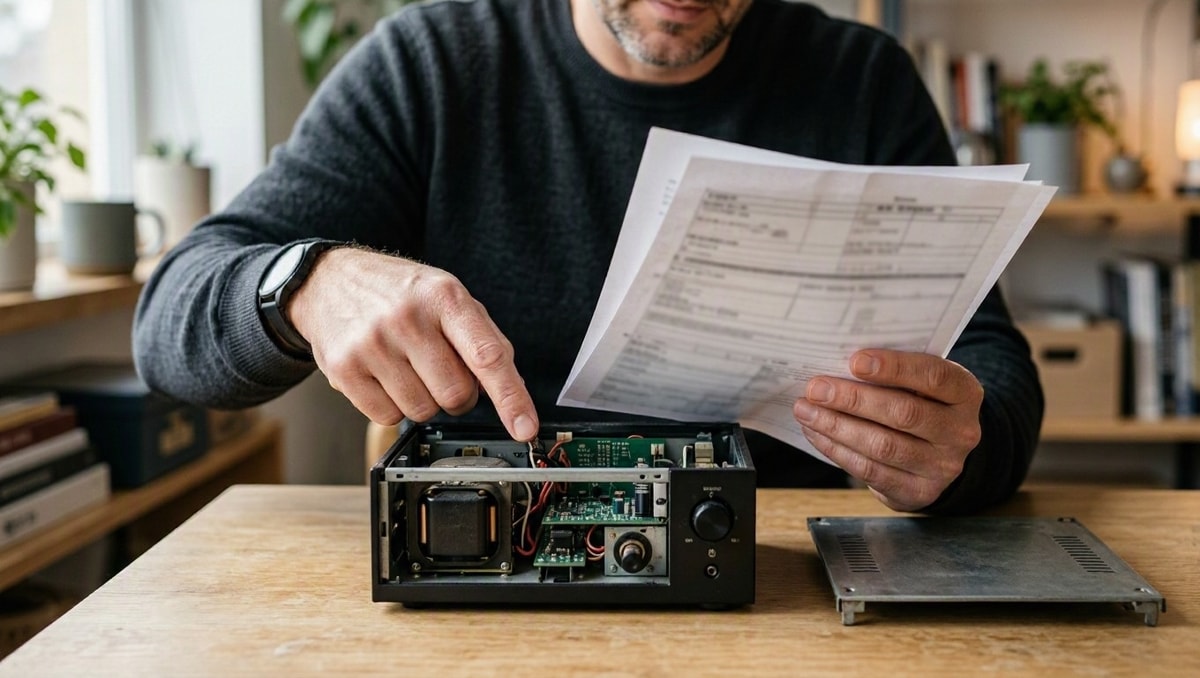 Conferência antes da compra Pessoa confere um equipamento e documentos de serviço antes de decidir pela compra.